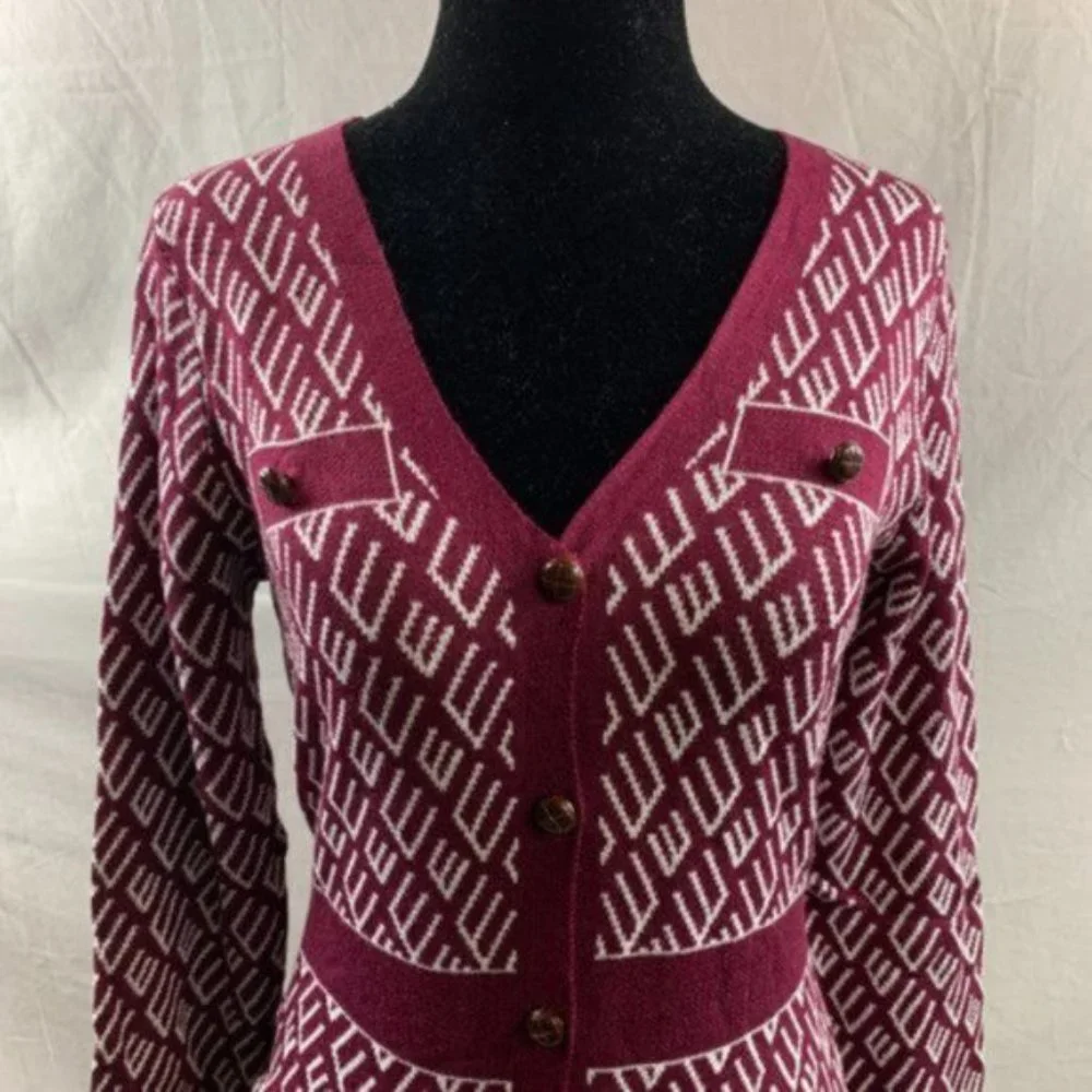Burgundy Button Front Pattern Sweater Dress - Picture 2 of 5